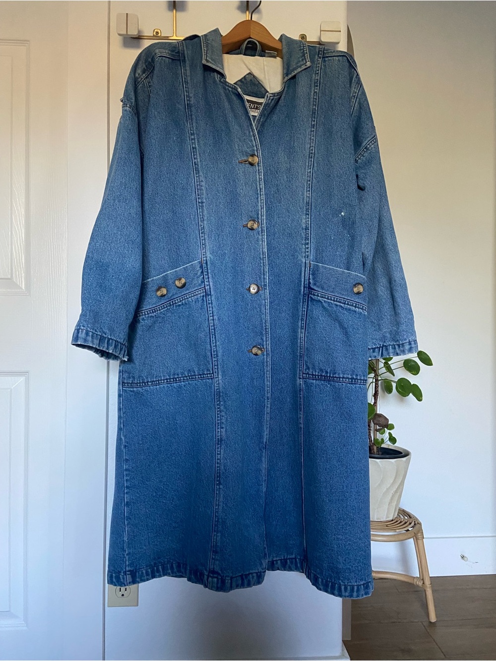 Vintage Blue Long Denim Duster Trench Coat 100% Cotton, Cotton Lined L